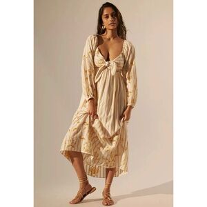 Anthropologie Cream and Gold Embroidered Maxi Dress